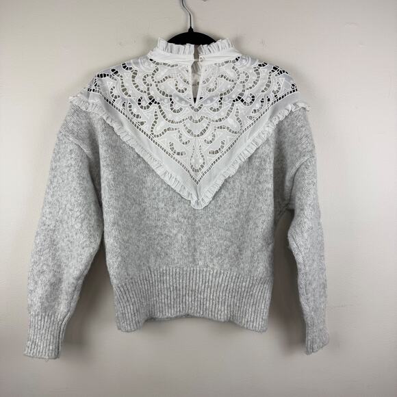 ZARA Women’s M Grey Wool Blend Knit Sweater Lace Yoke Cottage Grandmacore - Picture 2 of 5